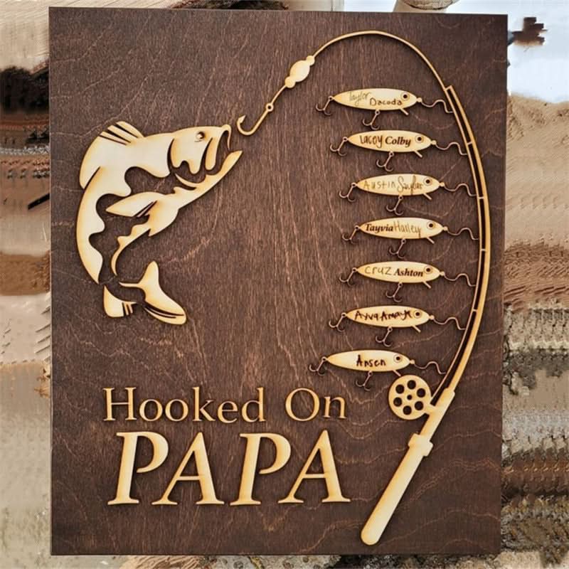 Wooden wall art gift: "Hooked On Papa" personalized fishing sign with carved bass and lures.