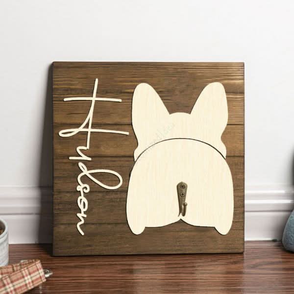 Personalized Name Wooden Dog Leash Holder with French Bulldog design.