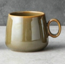 Retro 2 for 1 latte mug, 10.1oz stoneware ceramic with modern Japanese pottery style in olive green.