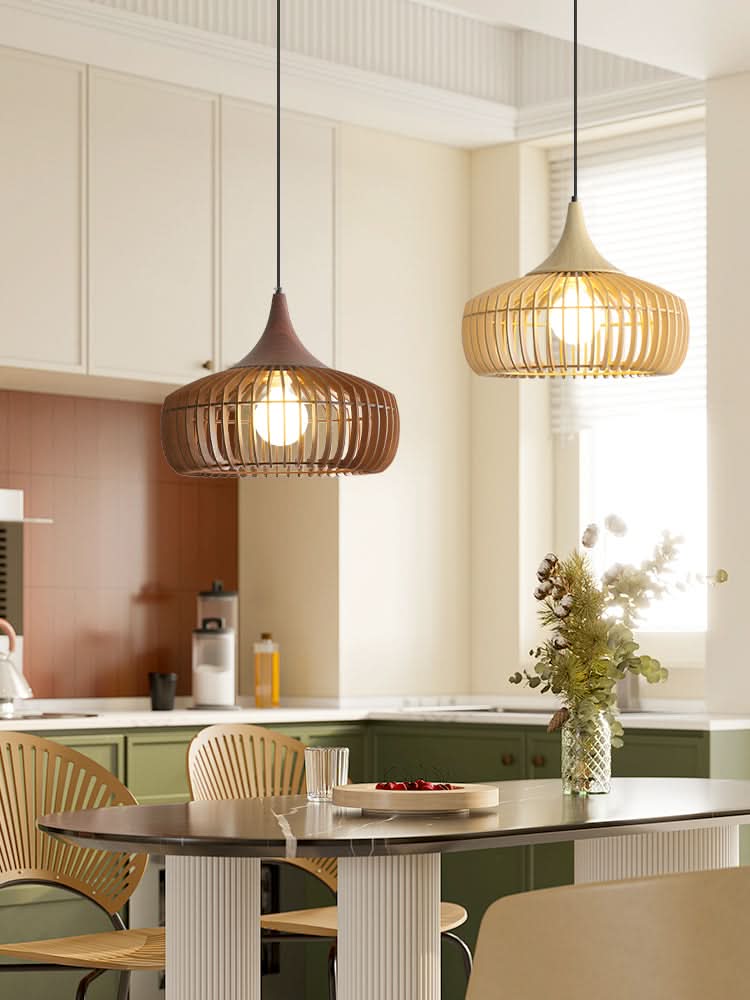 Wooden slat light fixture with natural wood finish, modern home decor pendant lighting.