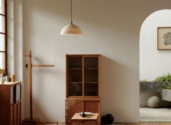 Natural-toned paper mache lamp shade with textured finish, hanging in a minimalist home decor setting.