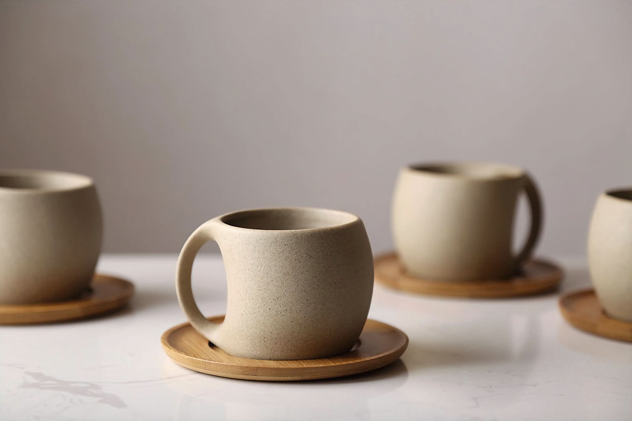 Abstract Ceramic Mugs with Arched Handle in a neutral speckled finish on bamboo coasters.