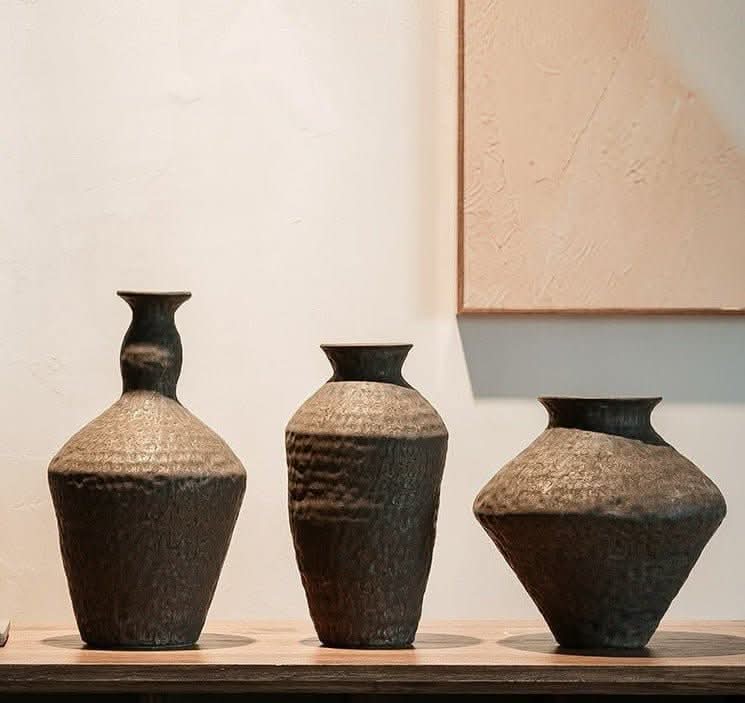 Abstract geometric ceramic vase with hammered texture, dark brown, home decor