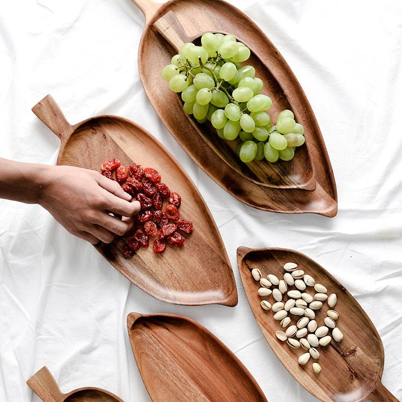 Acacia Wooden Serving Tray With Leaf Shape| Bedroom, Breakfast, Tea, Coffee,Lunch, Farmhouse, Rustic - -