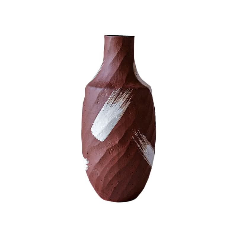Brown vase with white brushed strokes. Textured ceramic home decor.
