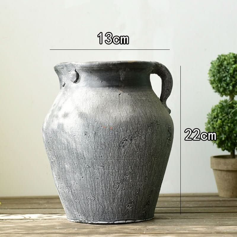 Antique looking clay black vase, textured stoneware for rustic, farmhouse, boho home decor.