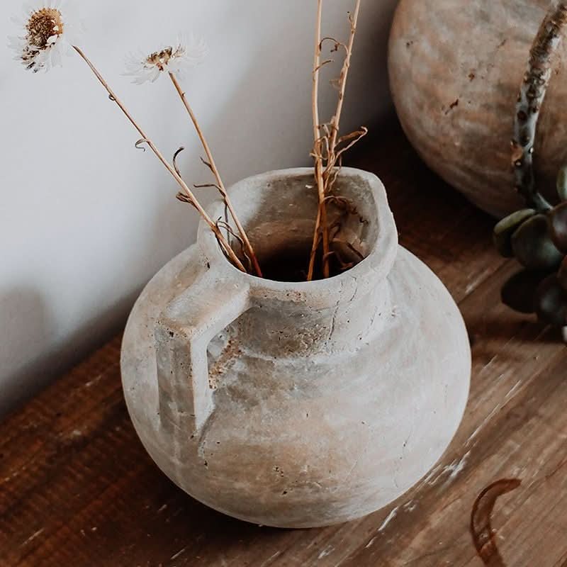 Antique Style Succulent Clay Pot with dried flowers, distressed earthenware, rustic home decor.