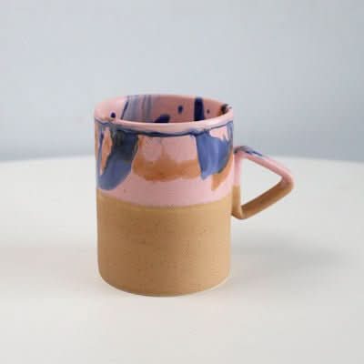 Artistic Triangle Handle Stoneware Mug: pink, blue, and tan abstract glaze ceramic cup.