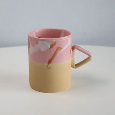 Artistic Triangle Handle Stoneware Mug, pink & yellow abstract glaze, home decor.