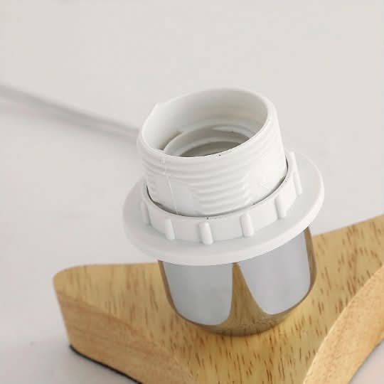 Japandi Table Lamp with oval wooden base and chrome accents, white socket.