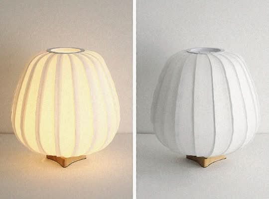 Japandi Table Lamp: White oval ribbed shade, wooden base.