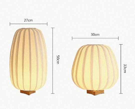 Japandi Table Lamp with oval, ribbed cream shade and wooden base, showing dimensions.