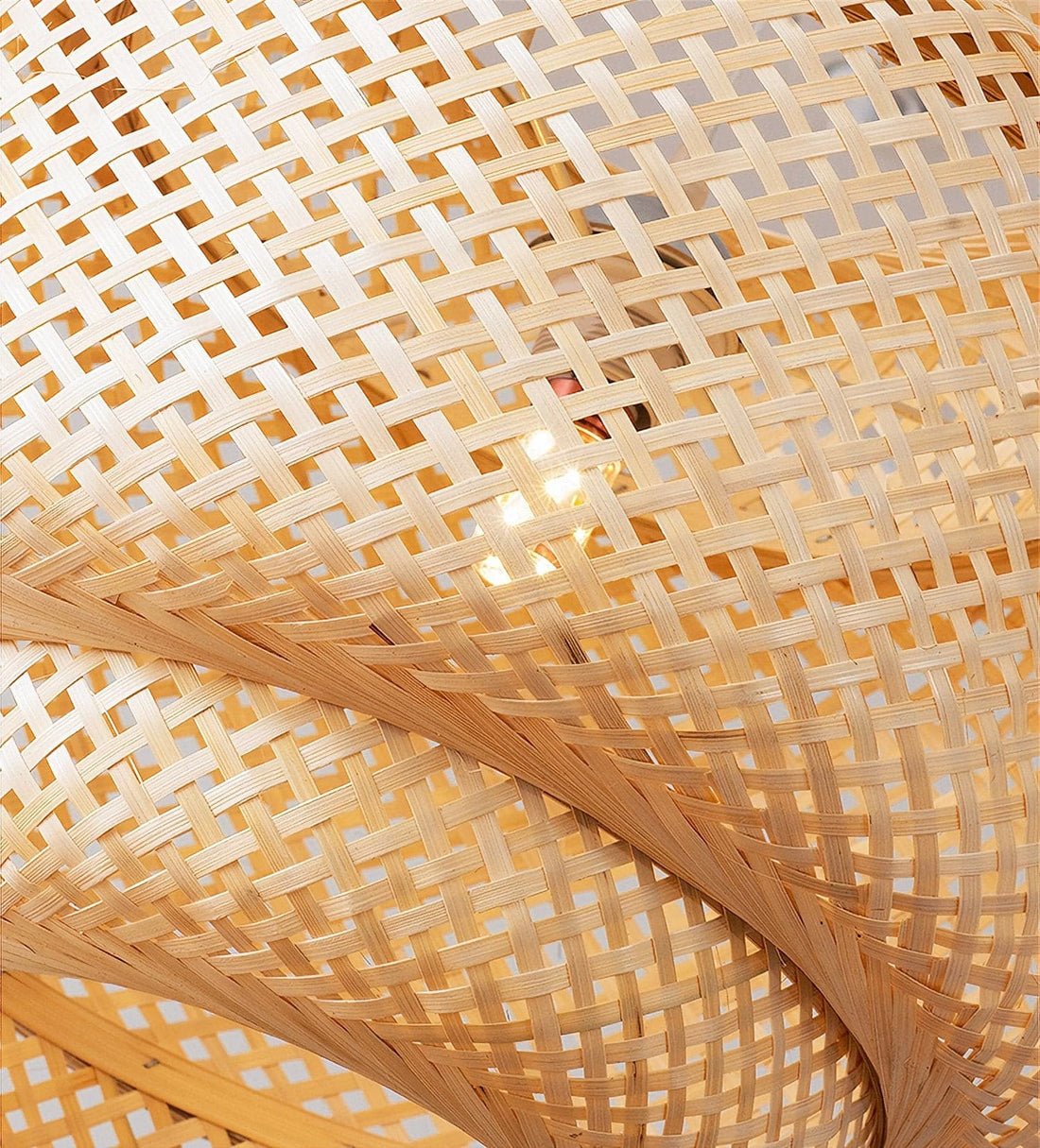 Light beige woven bamboo pendant lamp.