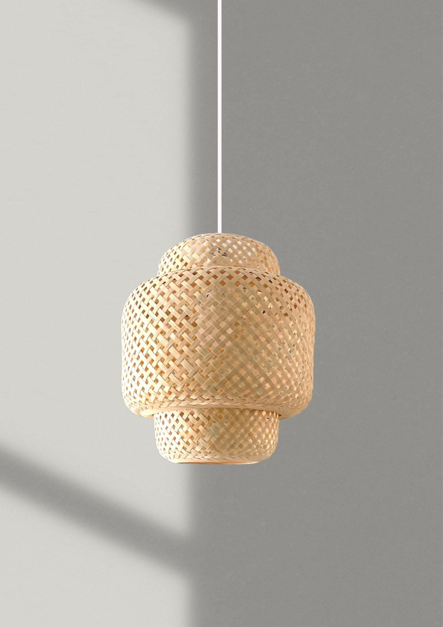 Woven natural bamboo pendant light, mid-century modern lampshade, natural rattan style.