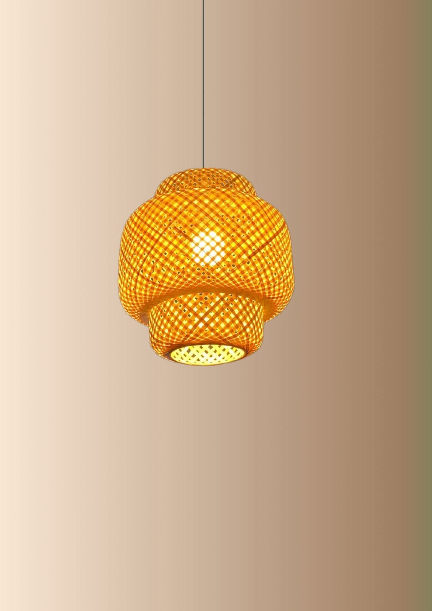 Woven bamboo pendant light with warm glow on a neutral gradient background.