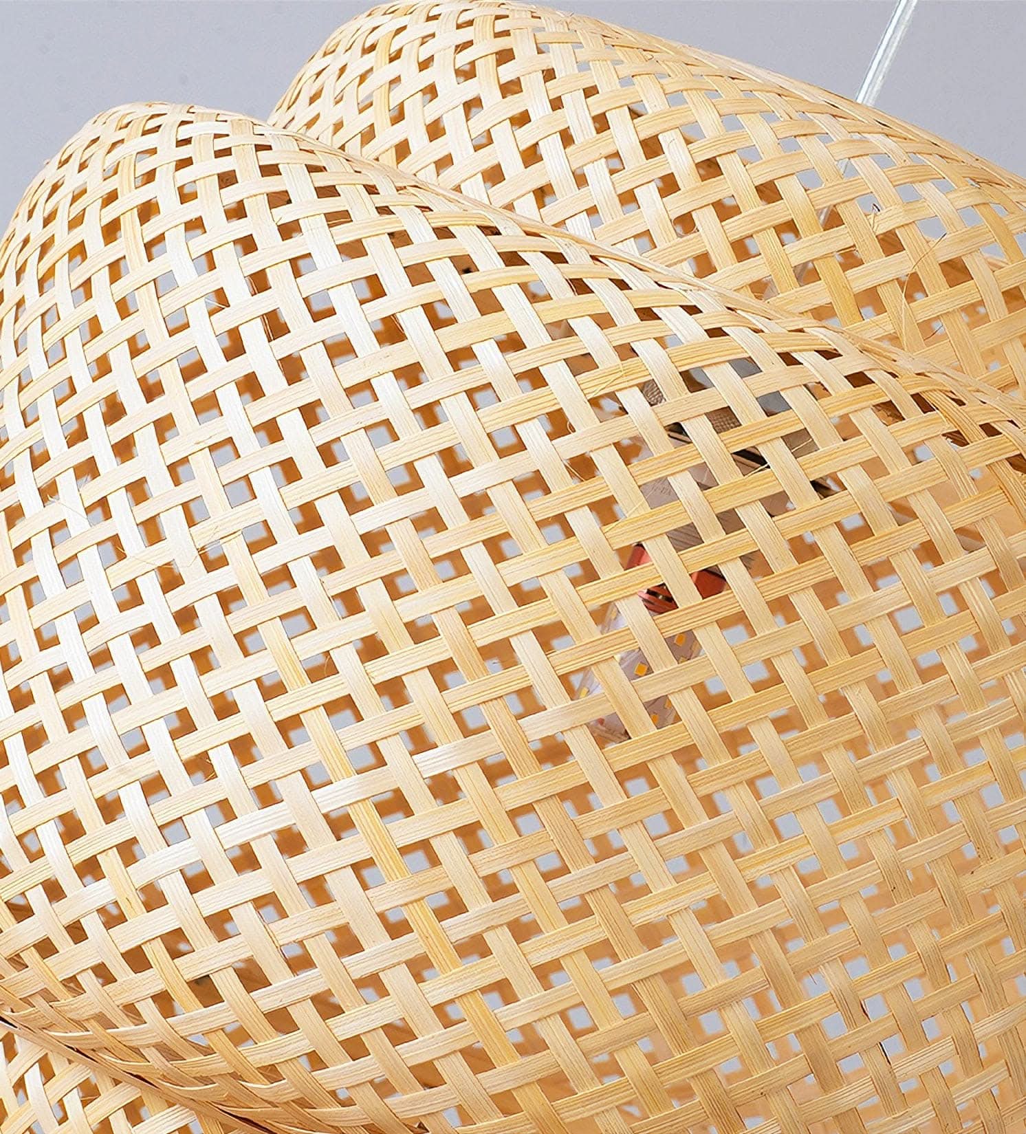 Natural Bamboo Pendant Light, woven texture, warm tones.