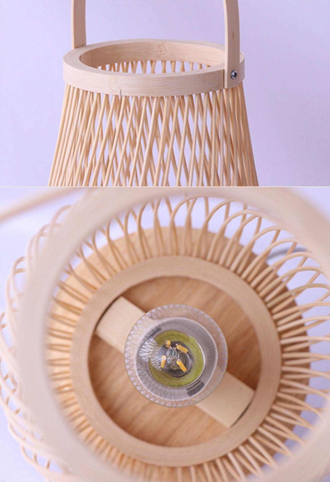 Natural rattan table lamp with handle and exposed LED bulb.