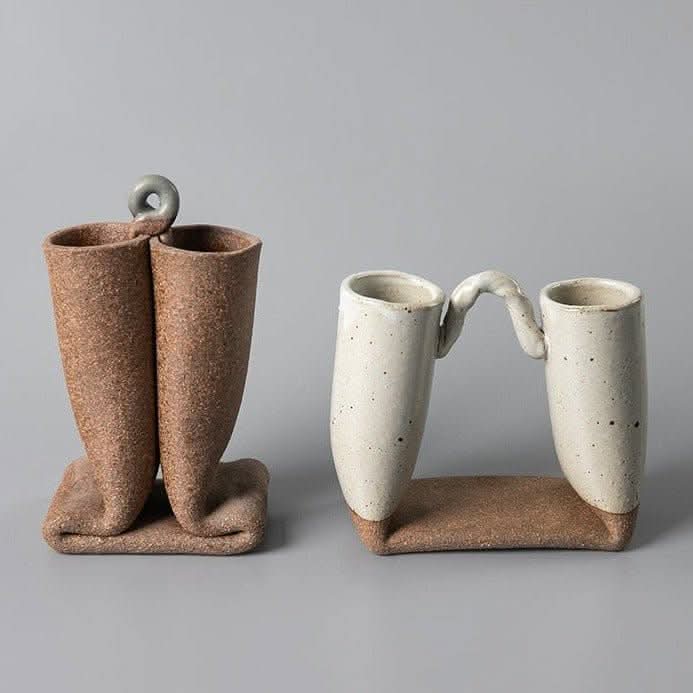Bent tube textured rough pottery ceramic vase imported from Japan. Earthy tones, minimalist home decor.