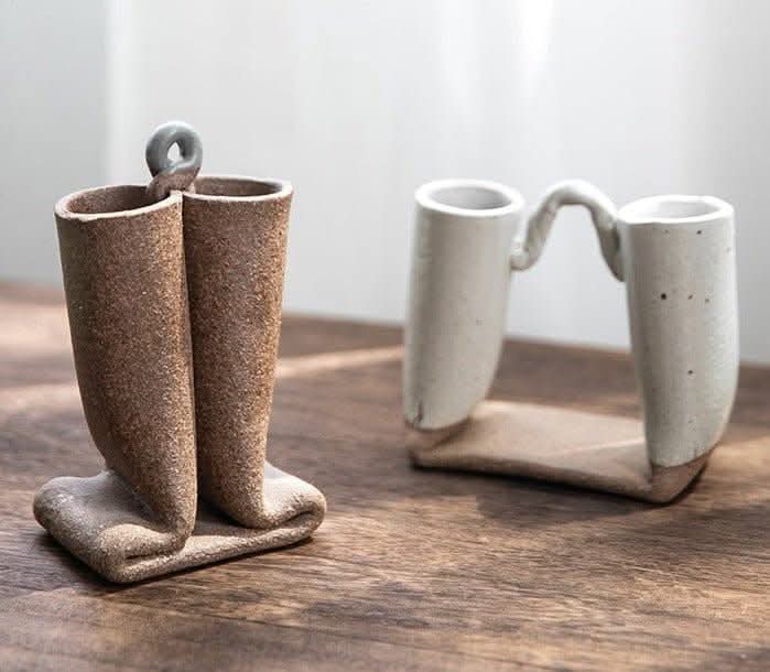 Bent tube textured rough pottery ceramic vase imported from Japan