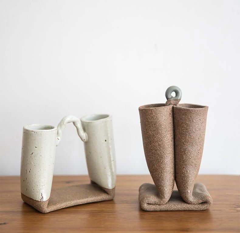 Japanese bent tube textured rough pottery ceramic vase, home decor