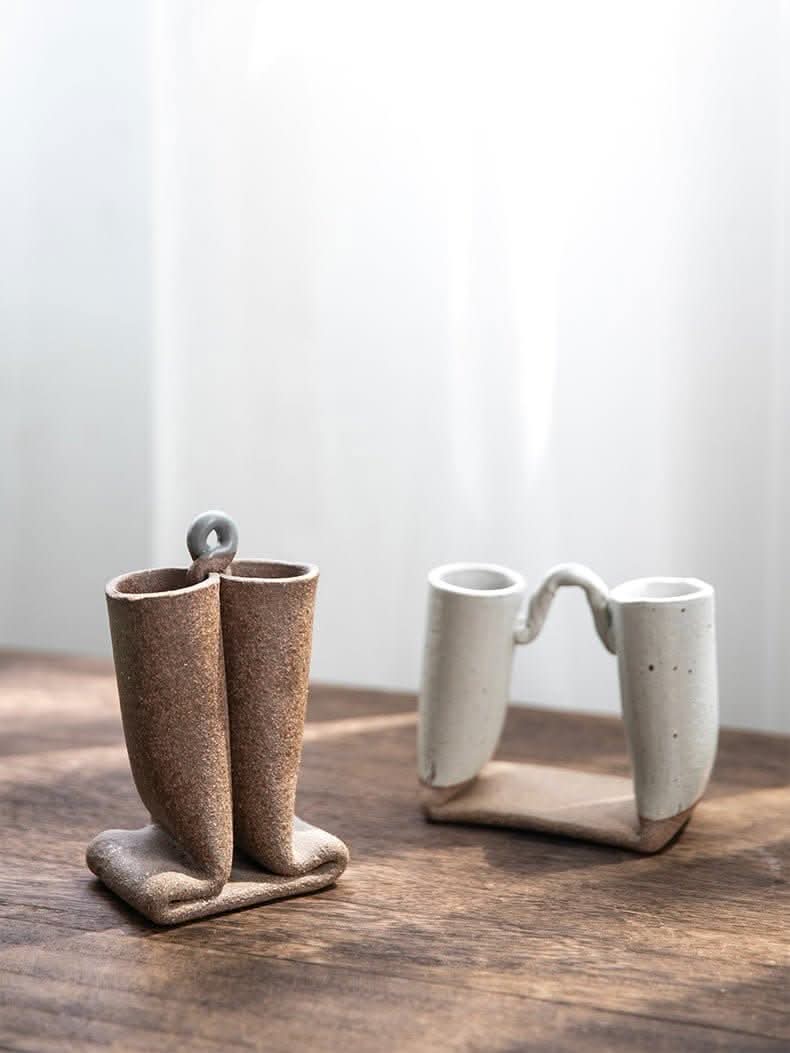 Japanese bent tube textured rough pottery ceramic vase, unique home decor.