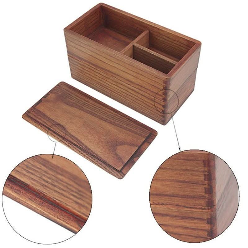 Wooden bento box, brown, divided compartments.