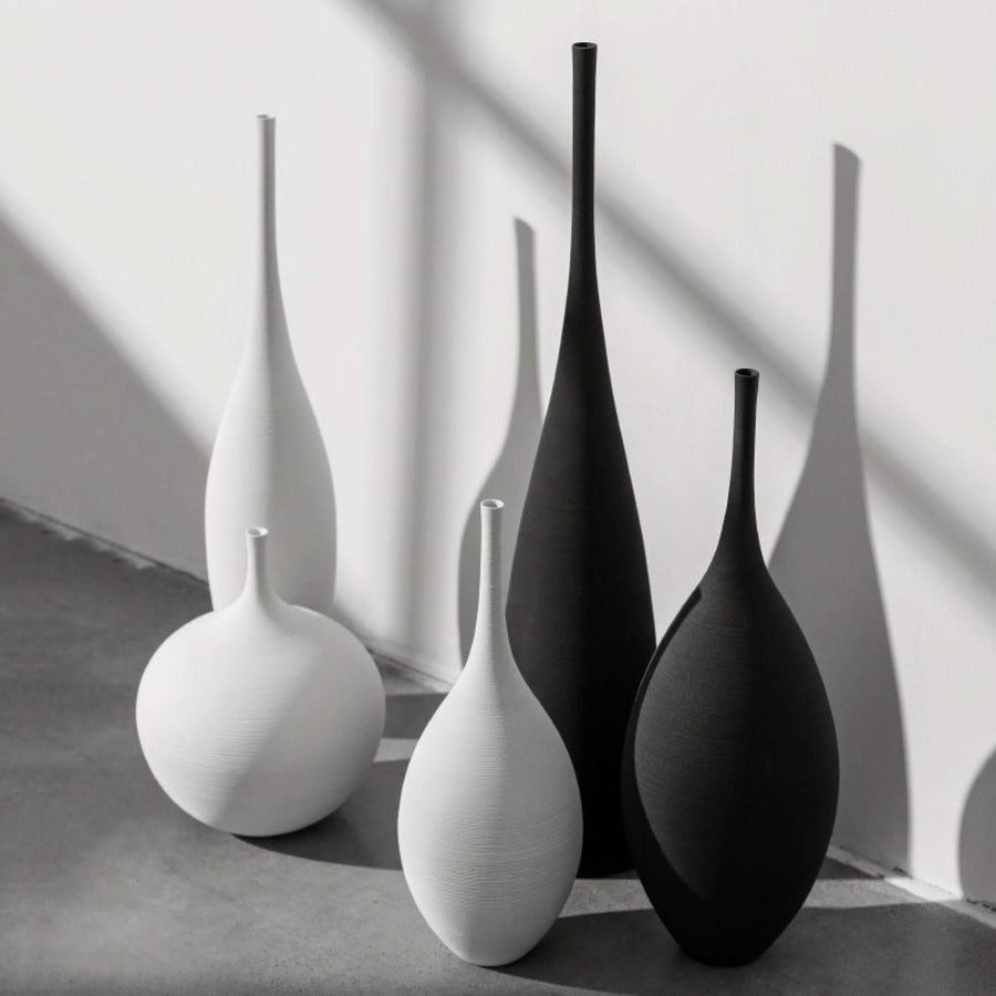 Black and White Ceramic Vase collection, minimalist home decor, matte finish.