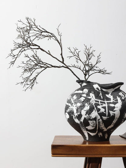 Black Irregular wabi-sabi ceramic flower Vase With White Brushed effects | living room flower arrangement decoration - -