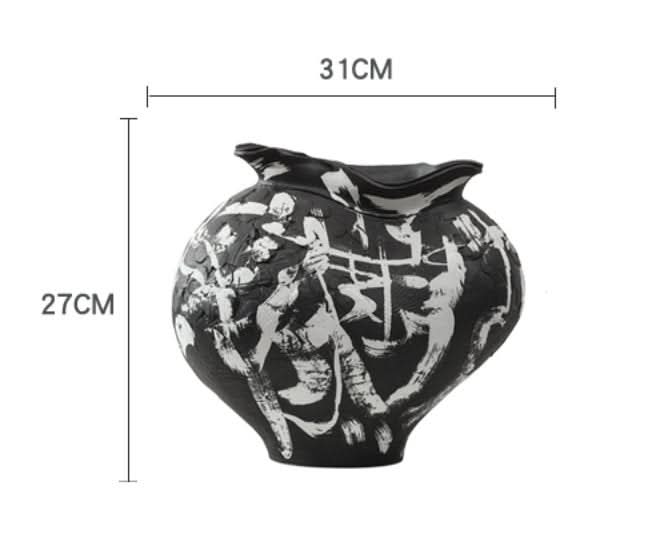 Black wabi-sabi ceramic vase with white brush strokes, 27cm height.