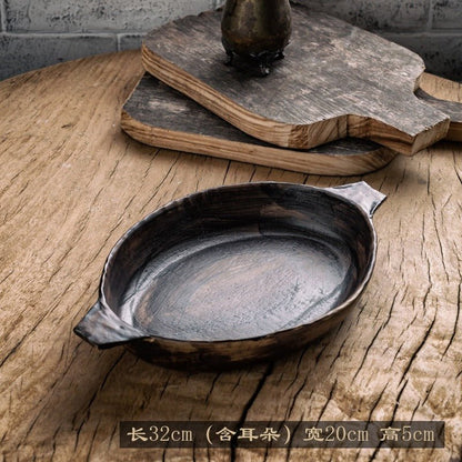 Black Stoneware Hand-Painted Tableware Set - -