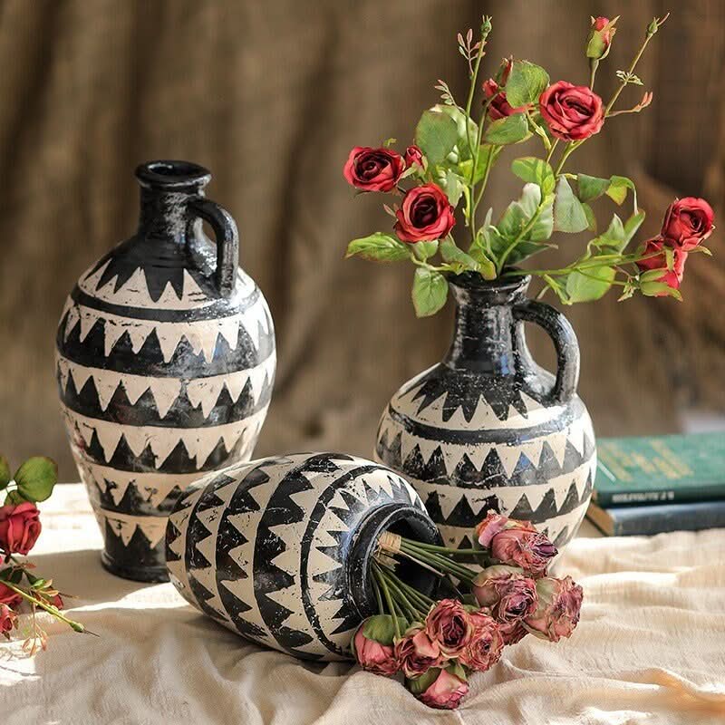 Bold Black & White African Motif Pottery Vase with red roses, home decor.