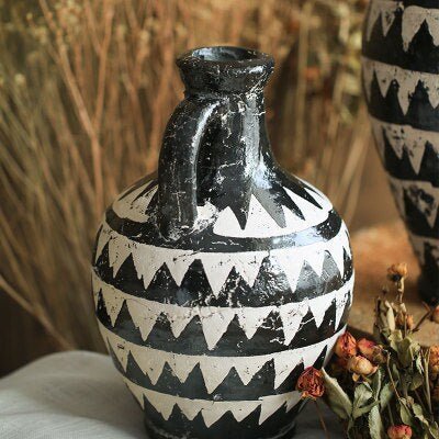 Bold Black and White African Motif Pottery Vase - -