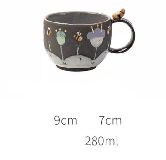 Brown Clay Underglaze Bee Mug, Handmade in Japan - -