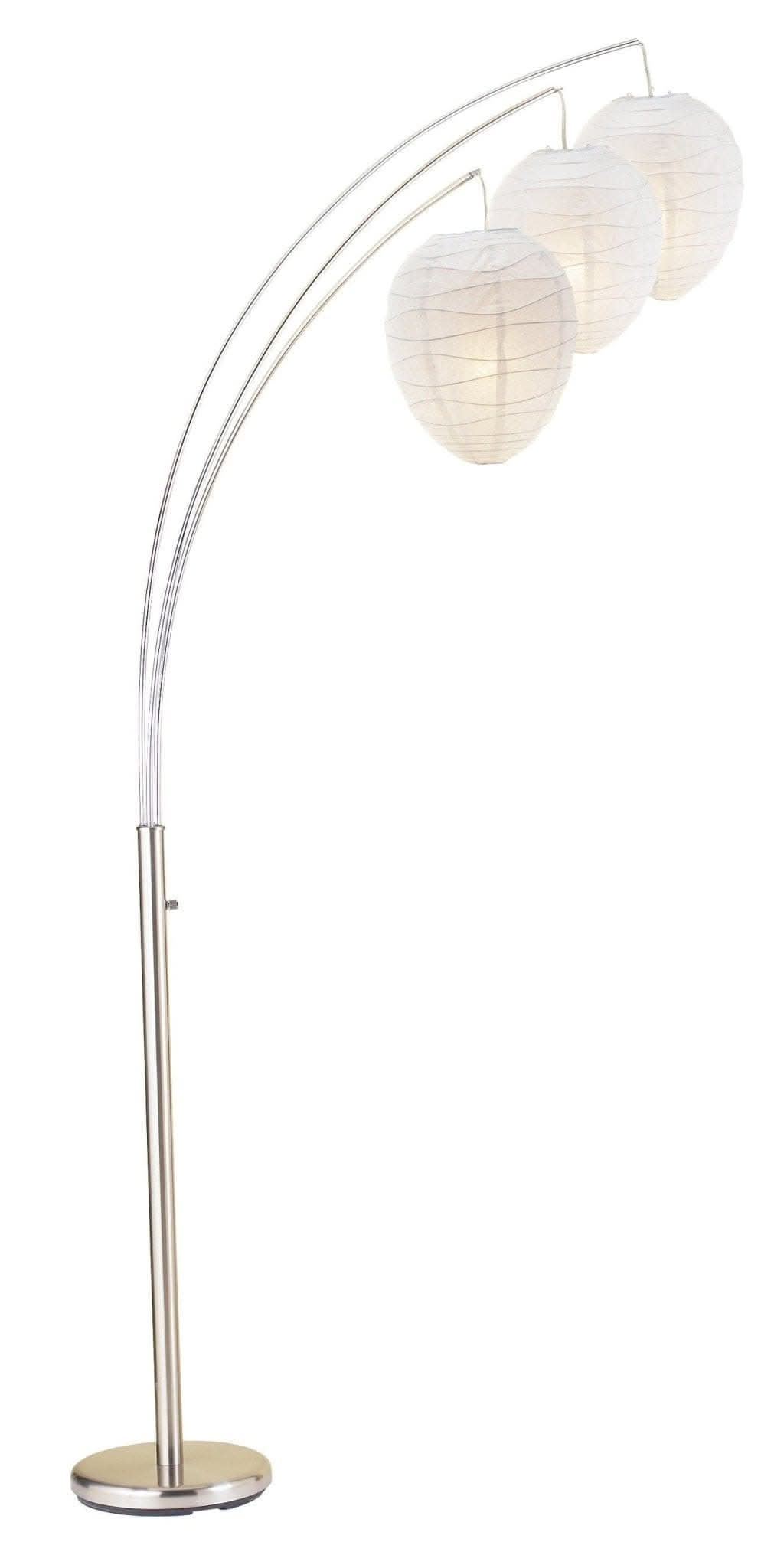 Sleek Arc Floor Lamp with 3 white paper shades and brushed metal finish.