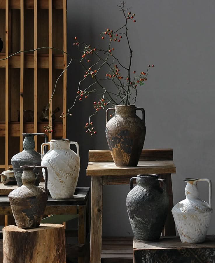 Wabi-sabi small ceramic vase with rustic texture, home decor.