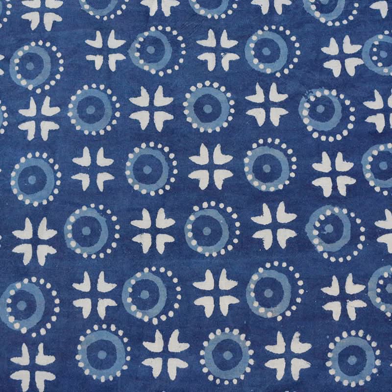 India Imported Blue Dyed Cotton Fabric: Traditional plant-dyed textile with white and light blue circular and cross patterns.