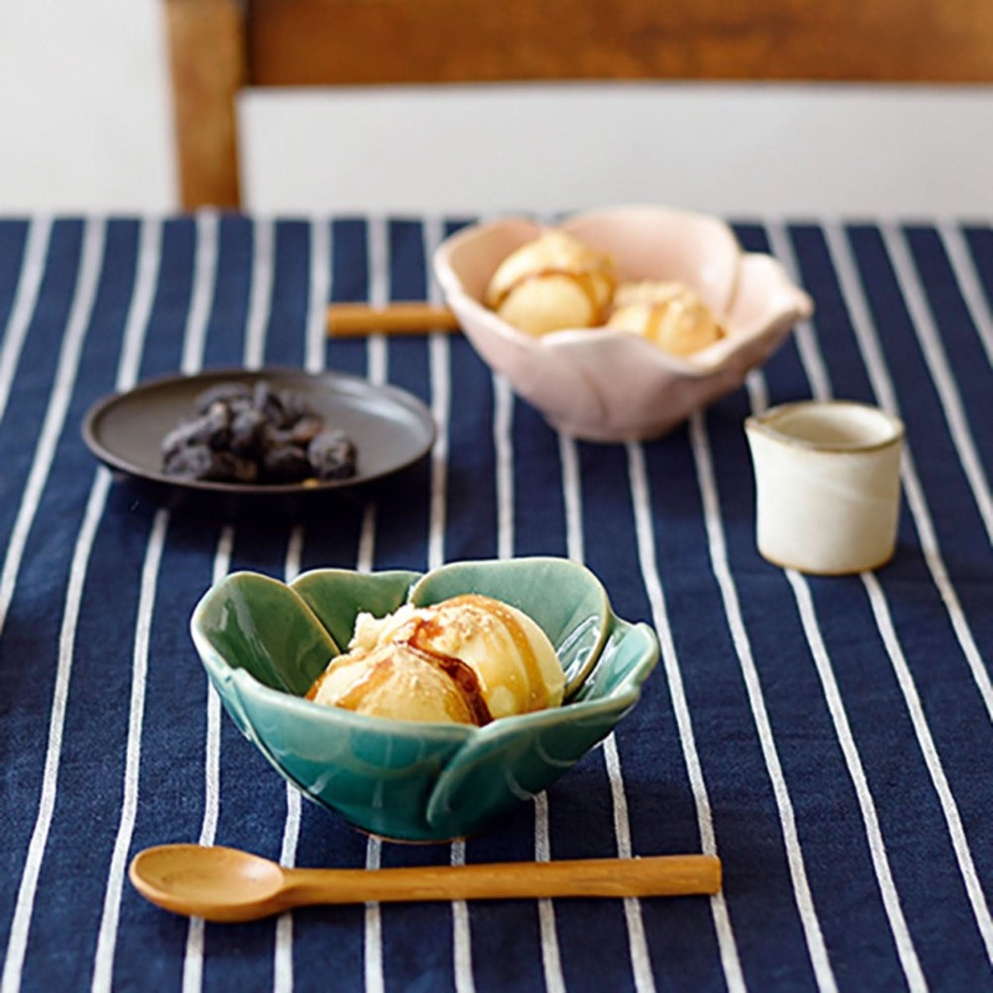 Camellia Ceramic Sauce Bowl, teal stoneware, holds ice cream with caramel. Handmade Japan.