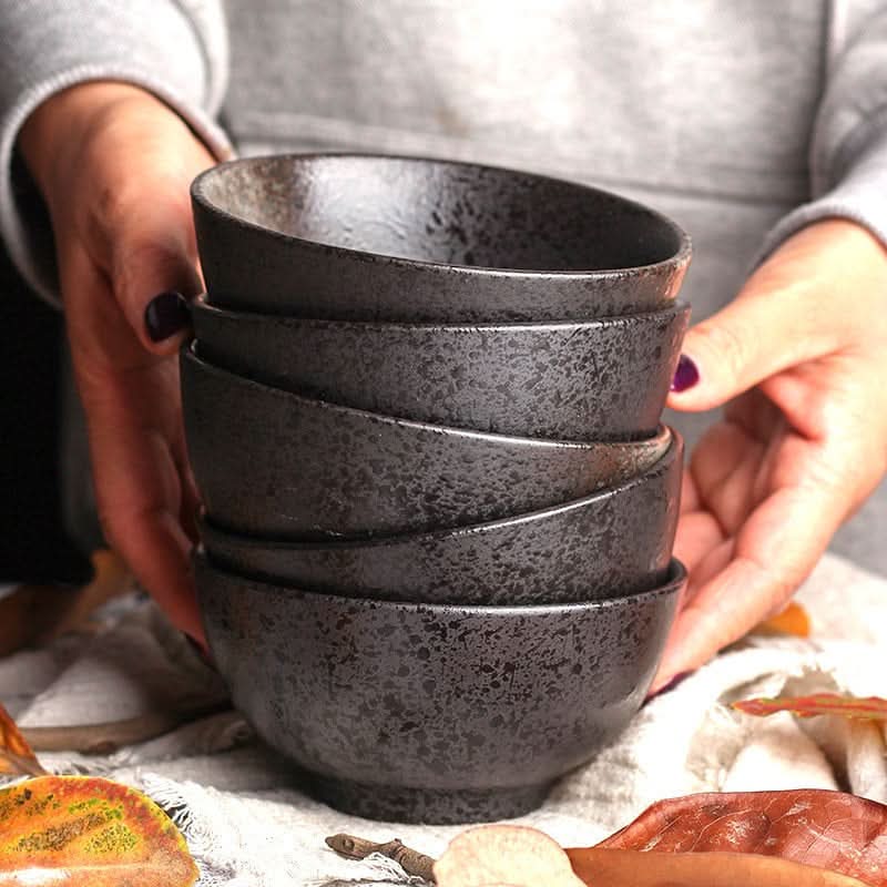 Stack of 4 rustic dark ceramic bowls, Ceramic 3 Bowl Set, perfect for cereal, ramen, or salad.