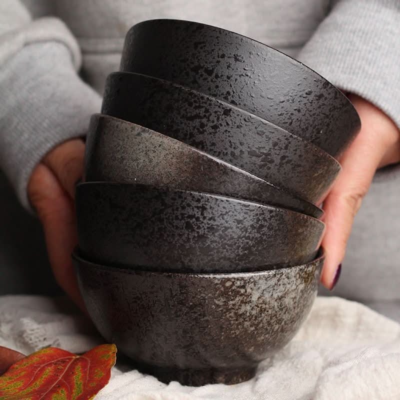 Rustic ceramic 3 bowl set in speckled black, perfect for cereals or serving.