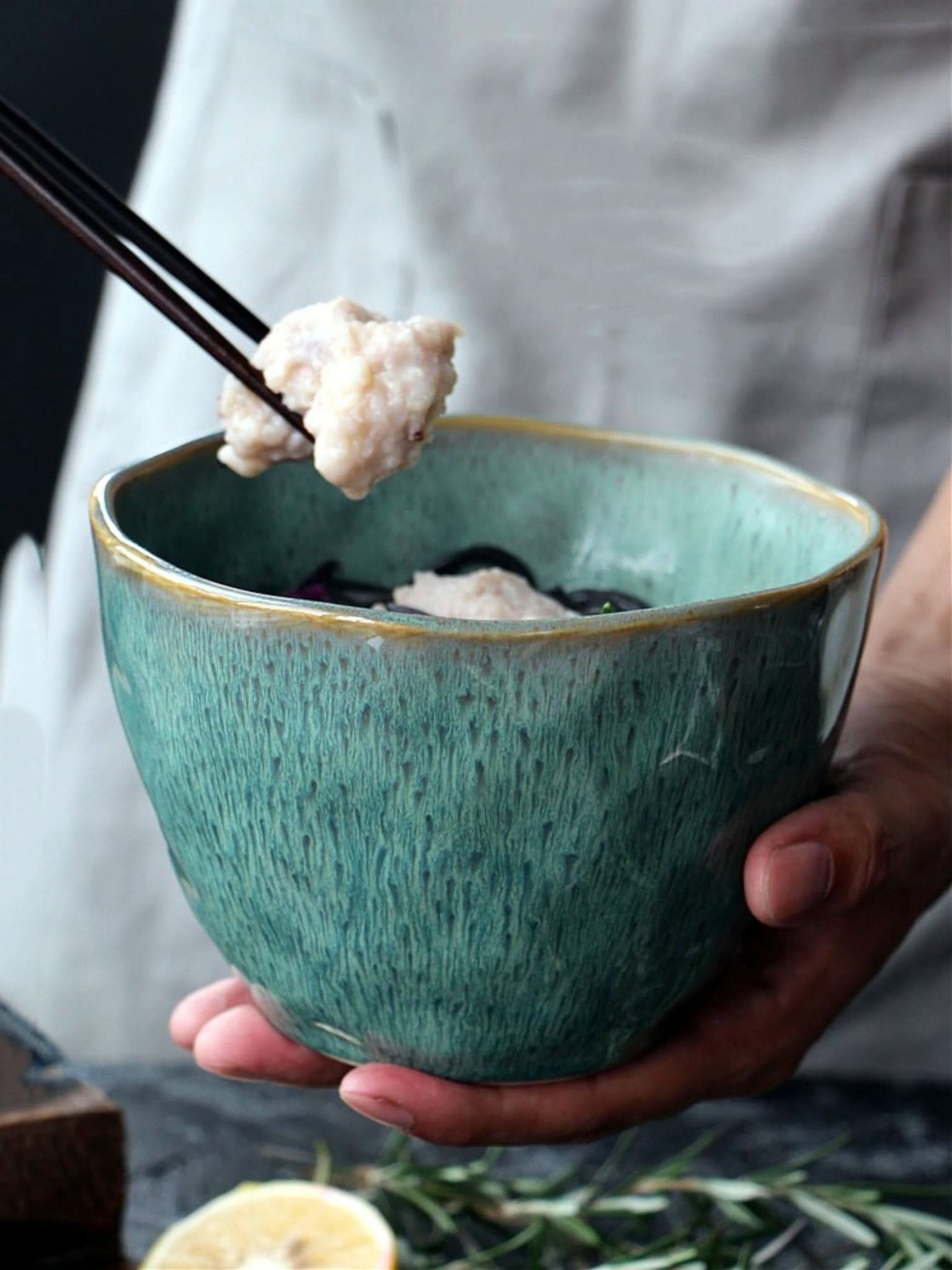 Ceramic Blue Glazed 5.9" Bowl, used for noodles or soup, with textured finish.