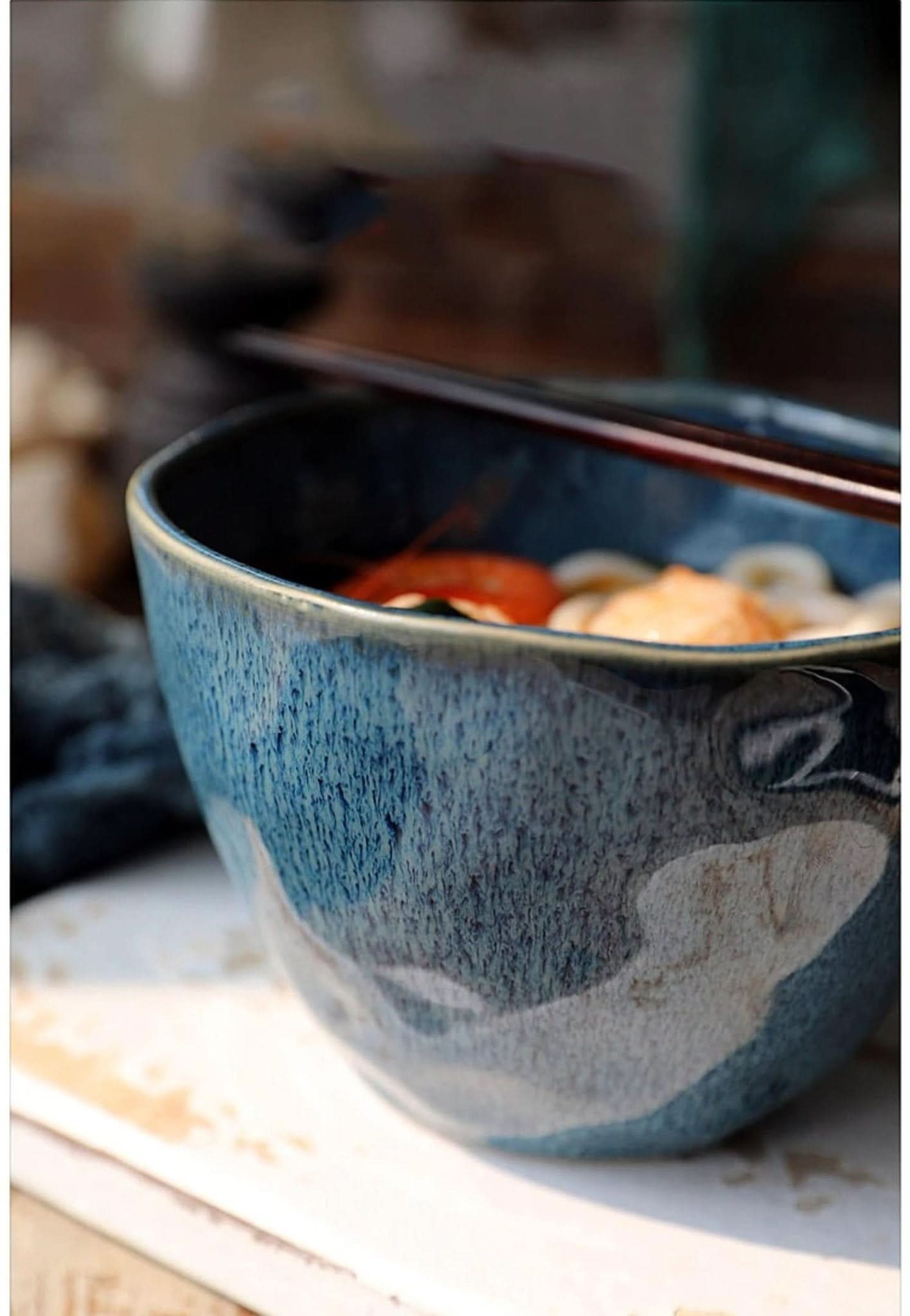 Ceramic Blue Glazed 5.9" Bowl filled with noodles and shrimp, Asian soup bowl