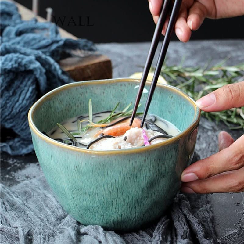 Ceramic Blue Glazed 5.9" Bowl filled with soup, perfect for noodles or rice.
