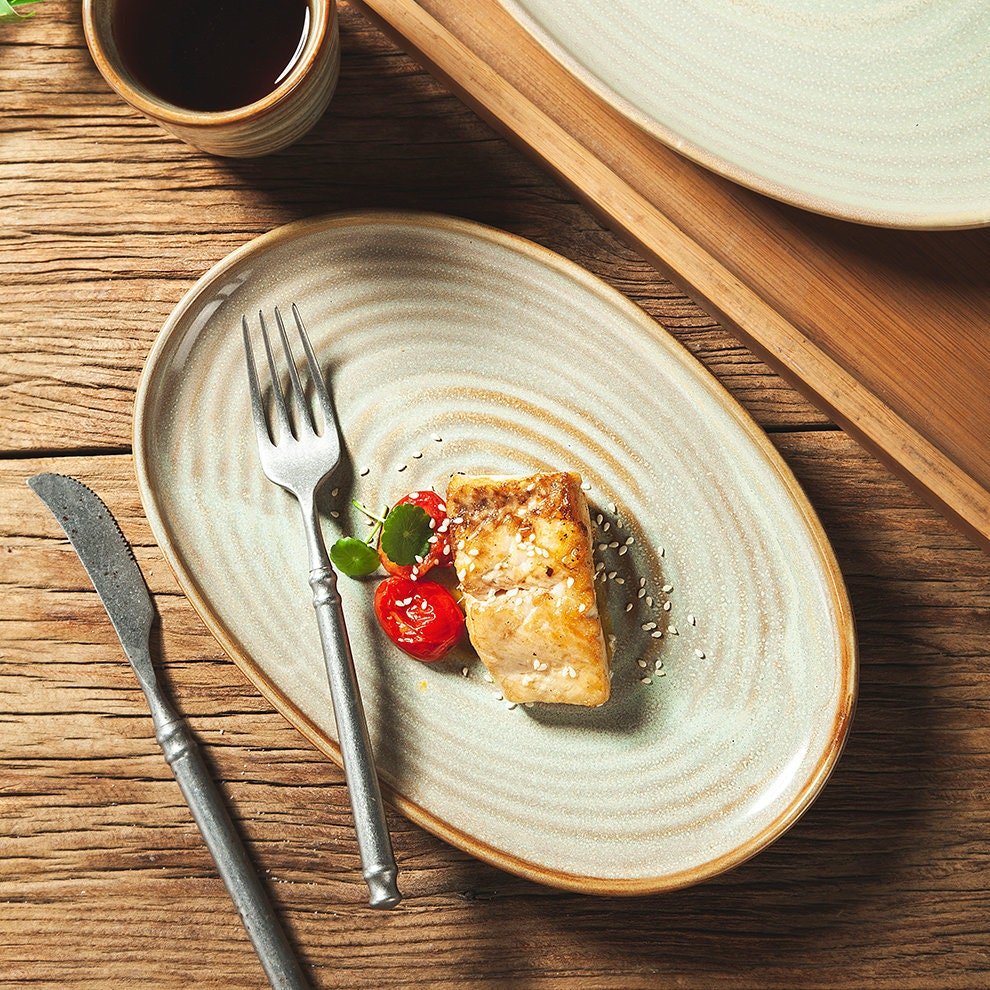 Ceramic Gery Retro Japanese Diner Rustic Stoneware | Dinner Kiln Set, Nordic Salad Custom, Oval Modern Porcelain Plate - -