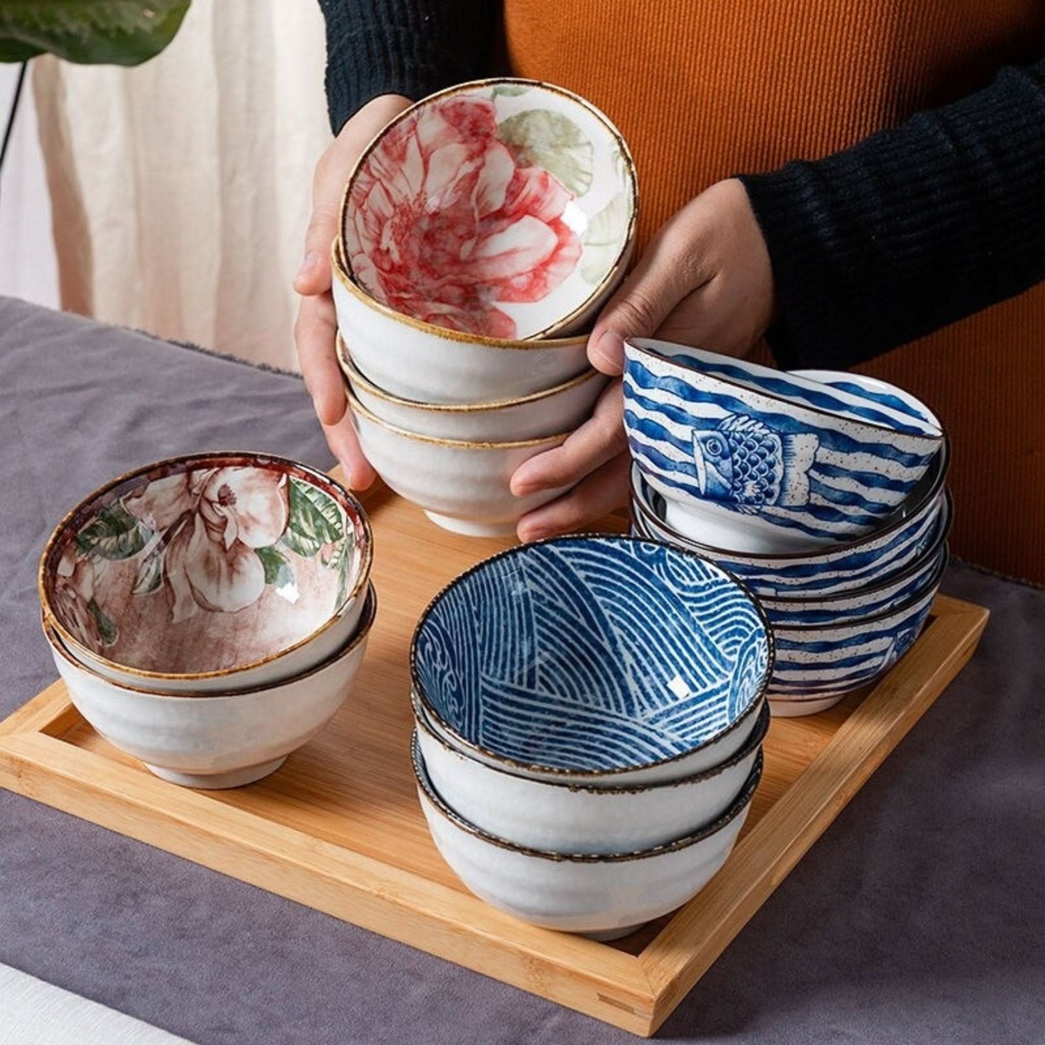 Ceramic Glazed 4.5" Bowls with Japanese floral & fish illustrations. Perfect noodle, soup, cereal bowls.