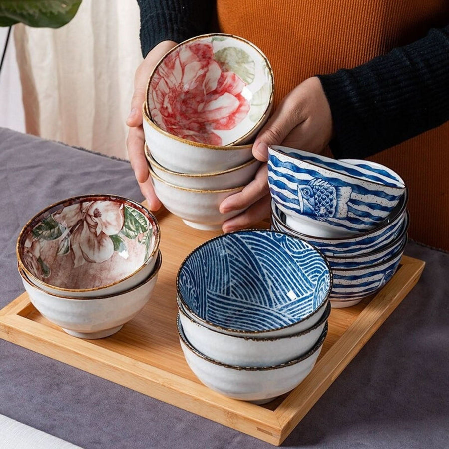 Ceramic Glazed 4.5" Bowls with Japanese floral & fish illustrations. Perfect noodle, soup, cereal bowls.