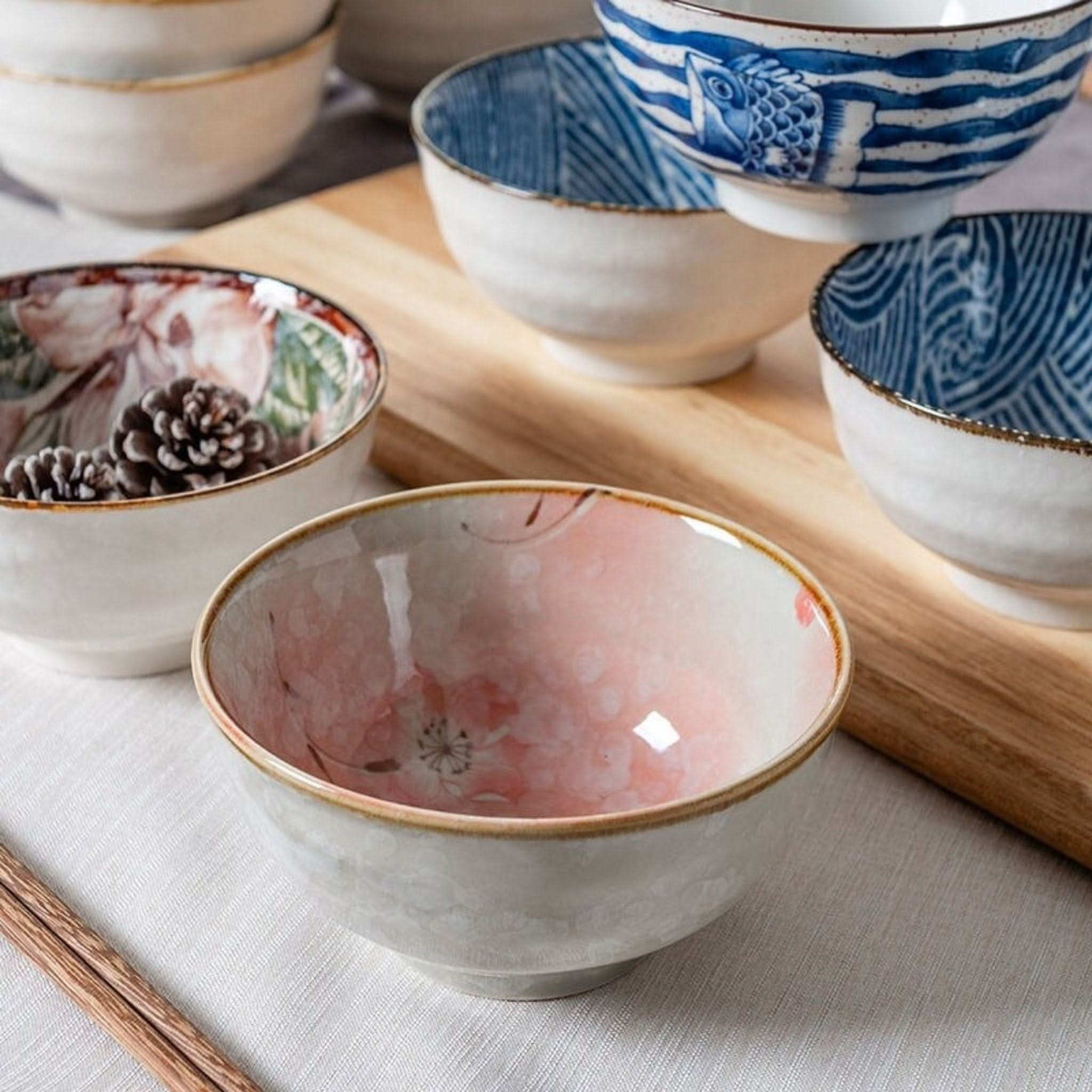Ceramic Glazed 4.5" Bowls with Japanese Illustrations | Noodle bowl with blue fish & floral designs