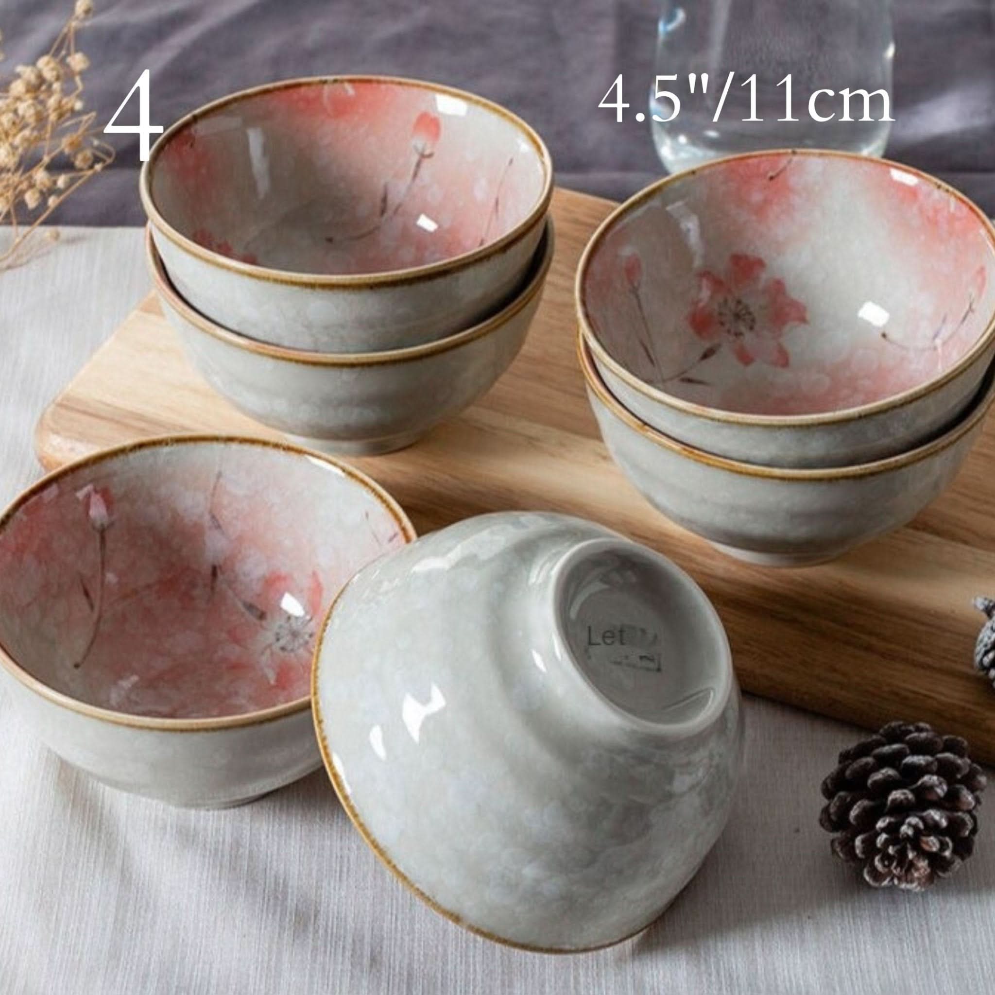 Ceramic glazed 4.5" bowls with pink Japanese floral illustrations, perfect for noodles, soup, or cereal.