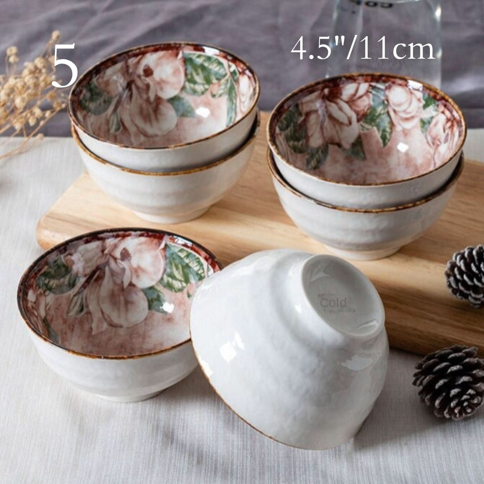 Ceramic glazed 4.5" bowls with Japanese floral illustrations, perfect for noodles, soup, cereal, rice, pasta, or fruit.
