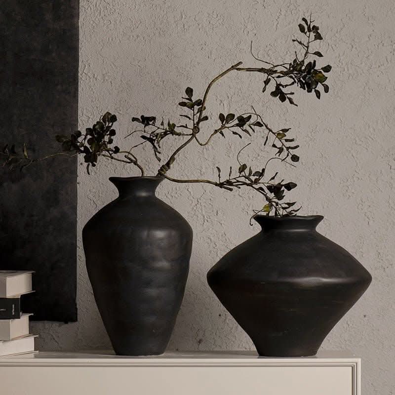Black ceramic irregular flower vase with branches, home decor.