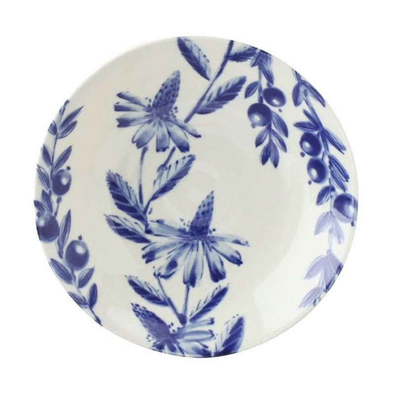 Ceramic Japanese hand-painted tableware with blue floral & berry design on white plate.